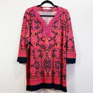 Peter Nygard 3/4 sleeve pink magenta orange beaded paisley with navy blue trim